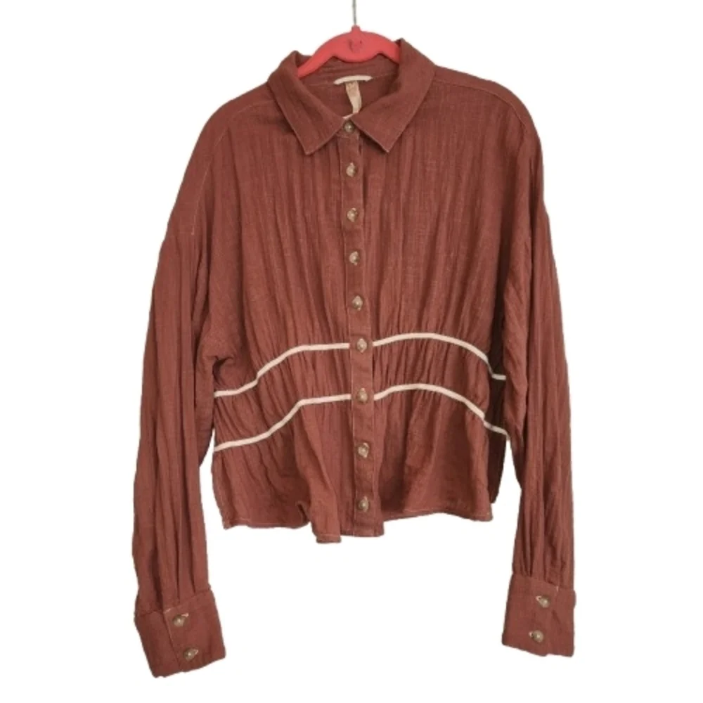 Free People Morrison Shirt Brown Button Down With Tie Cropped Back Size S Cotton
